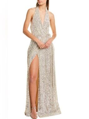 NWT Halston Silver Halter Sequin Evening Gown